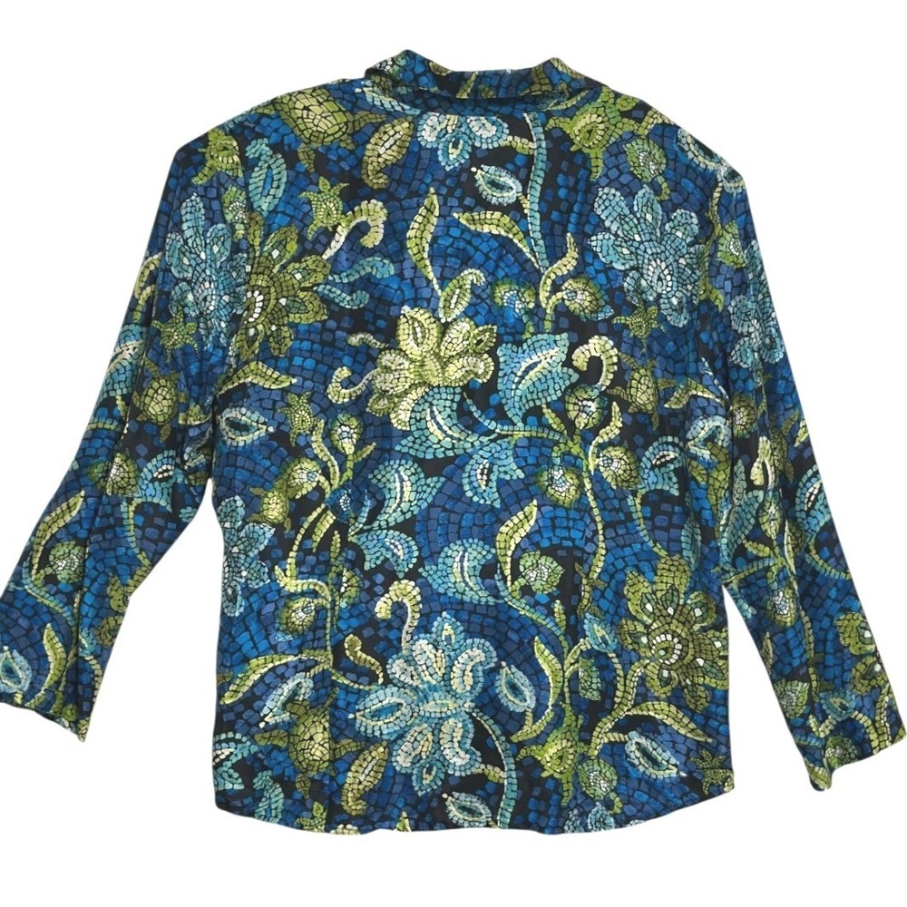 Chico's Silk Button Down Shirt Womens Blue Green Mosaic Sea Turtle Resortwear 3
